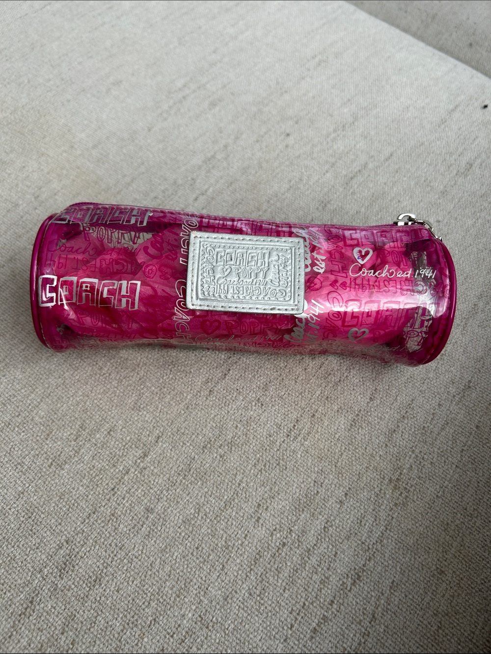Coach Poppy Logo Cosmetic Case By Coach Fragrances Pink Clear Silver EUC